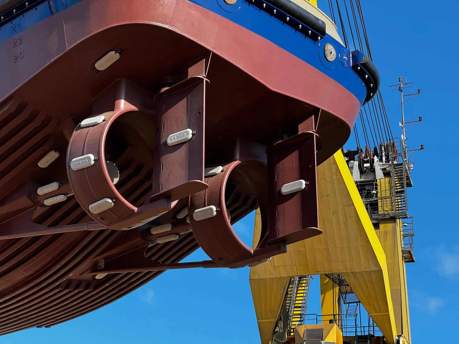Hull construction work at RS Marine, welded steel structure inside dry dock